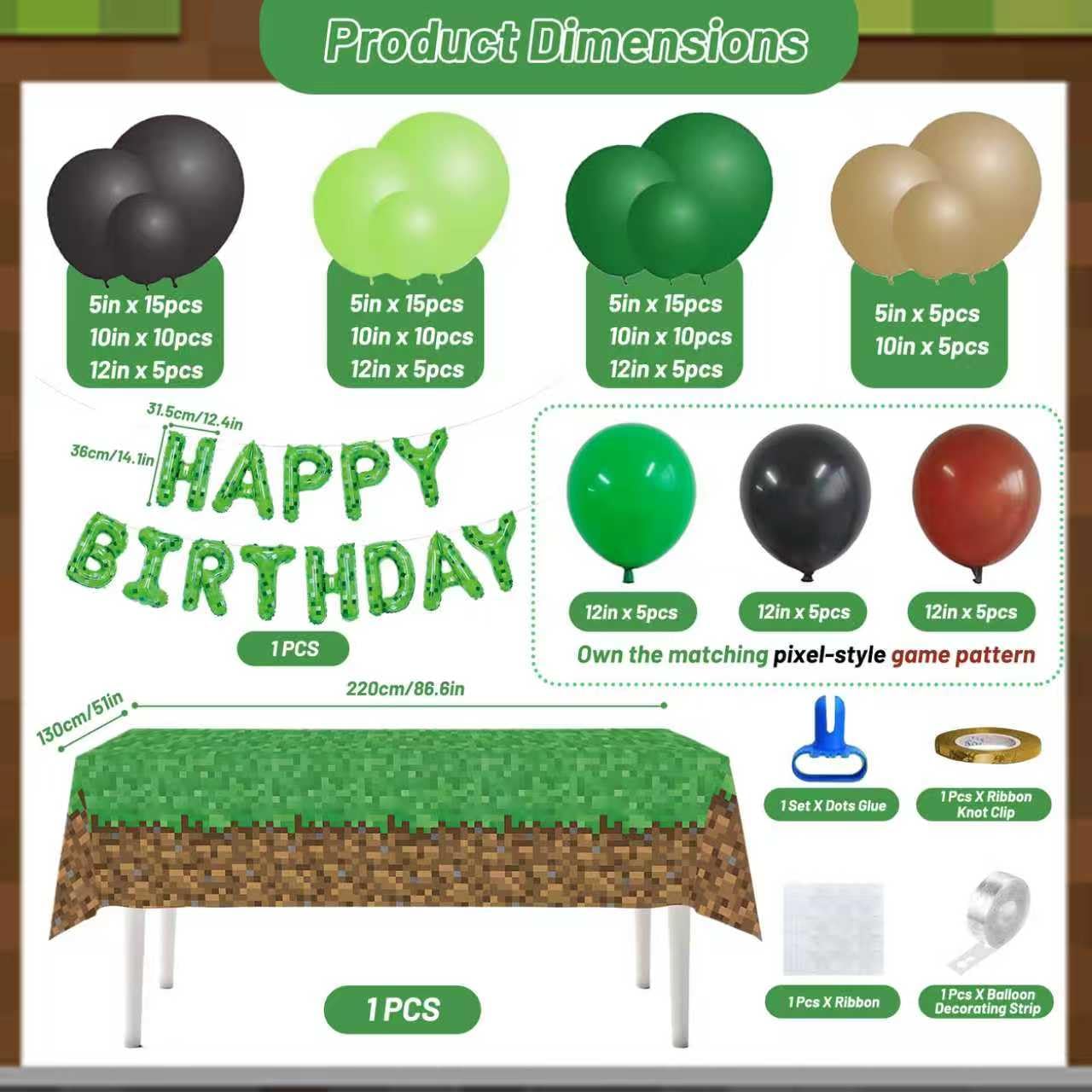 Pixel Miner Birthday Balloon Arch Kit - 121 Pcs Green Black Brown Balloons with Table Cover & Banner for Video Game Birthday Party Decorations