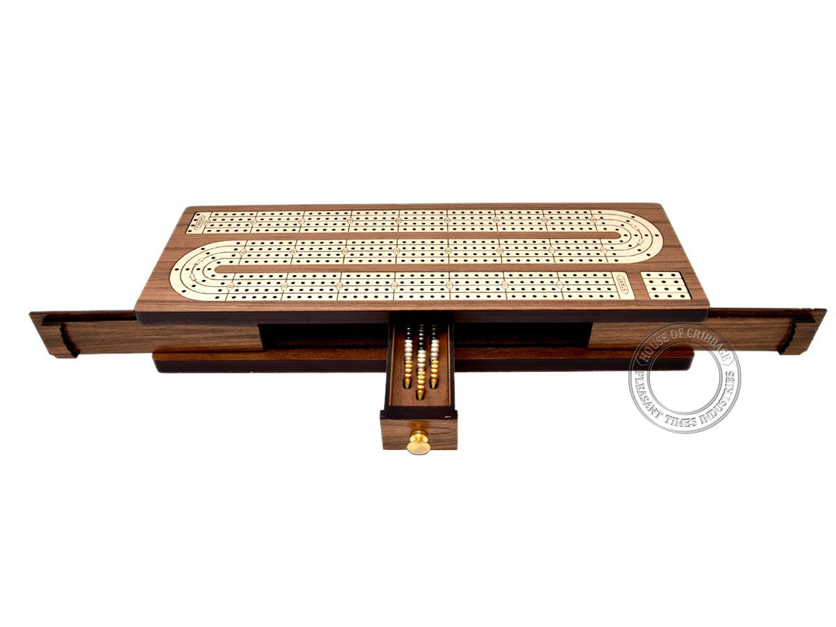 House of Cribbage - Continuous Cribbage Board Inlaid in Teak Wood/Maple Wood - 4 Track - Separate Storage Space for Two Deck of Cards & Pegs