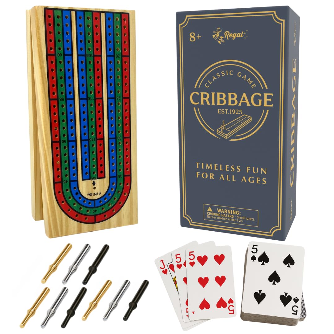 Regal Games Cribbage Board Game Set w/Storage - Fun Table Game with Wooden Board for Adults & Kids - 9 Metal Pegs, Deck of Playing Cards & 2-4 Player