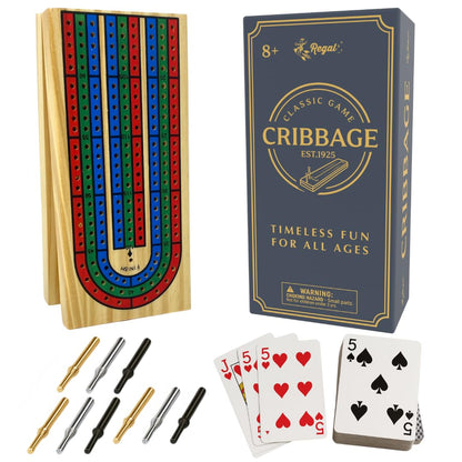 Regal Games Cribbage Board Game Set w/Storage - Fun Table Game with Wooden Board for Adults & Kids - 9 Metal Pegs, Deck of Playing Cards & 2-4 Player