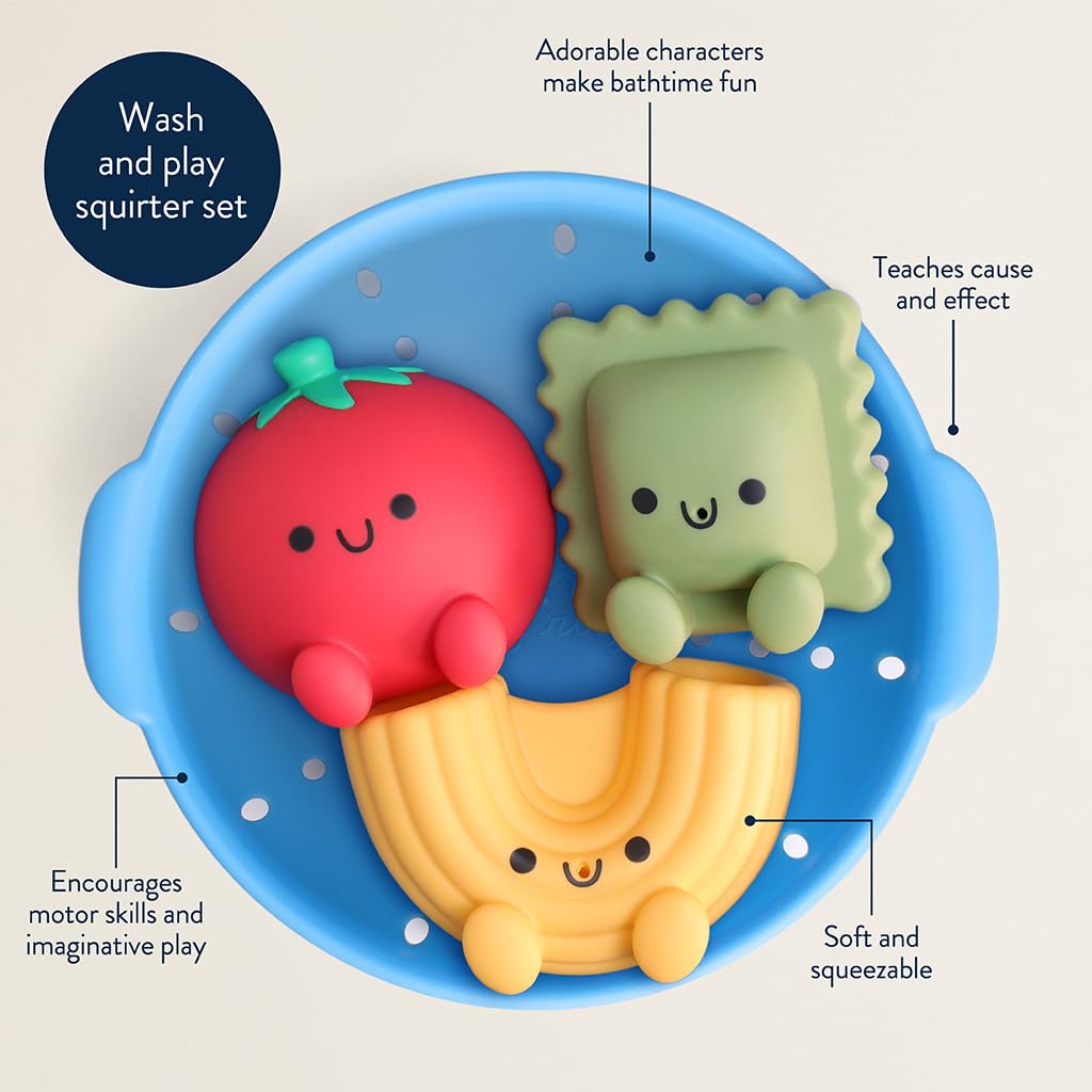 Itzy Ritzy Bath Squirter Toys - Set of 3 Textured, Pasta-Shaped Bath Toys & 1 Sprinkle Strainer - Itzy Splash Pals Promote Sensory Play, Cause