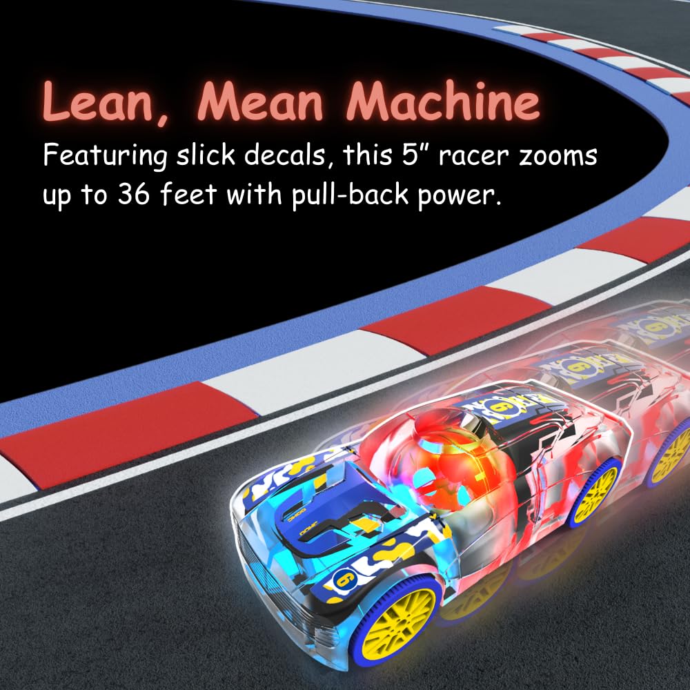 Marble Racers LED Light Up Pull Back Race Car for Kids, Friction-Powered with Flashing Motion Activated LED Lights, Boys Girls & Toddlers Toy (Ages