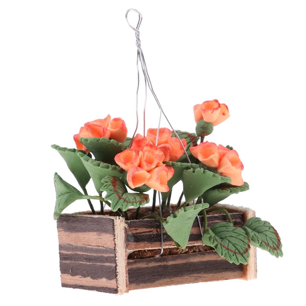 DYNWAVE 1:12 Scale Dollhouse Miniature Hanging Flower Basket, Clay and Wood Plant Decor for Fairy Garden and Room Box Scenes
