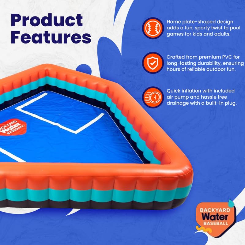 Backyard Water Baseball Inflatable Pool - Home Plate-Shaped Blow-Up Backyard Baseball and Swimming Games - Durable Plastic Pool for Kids and Adults