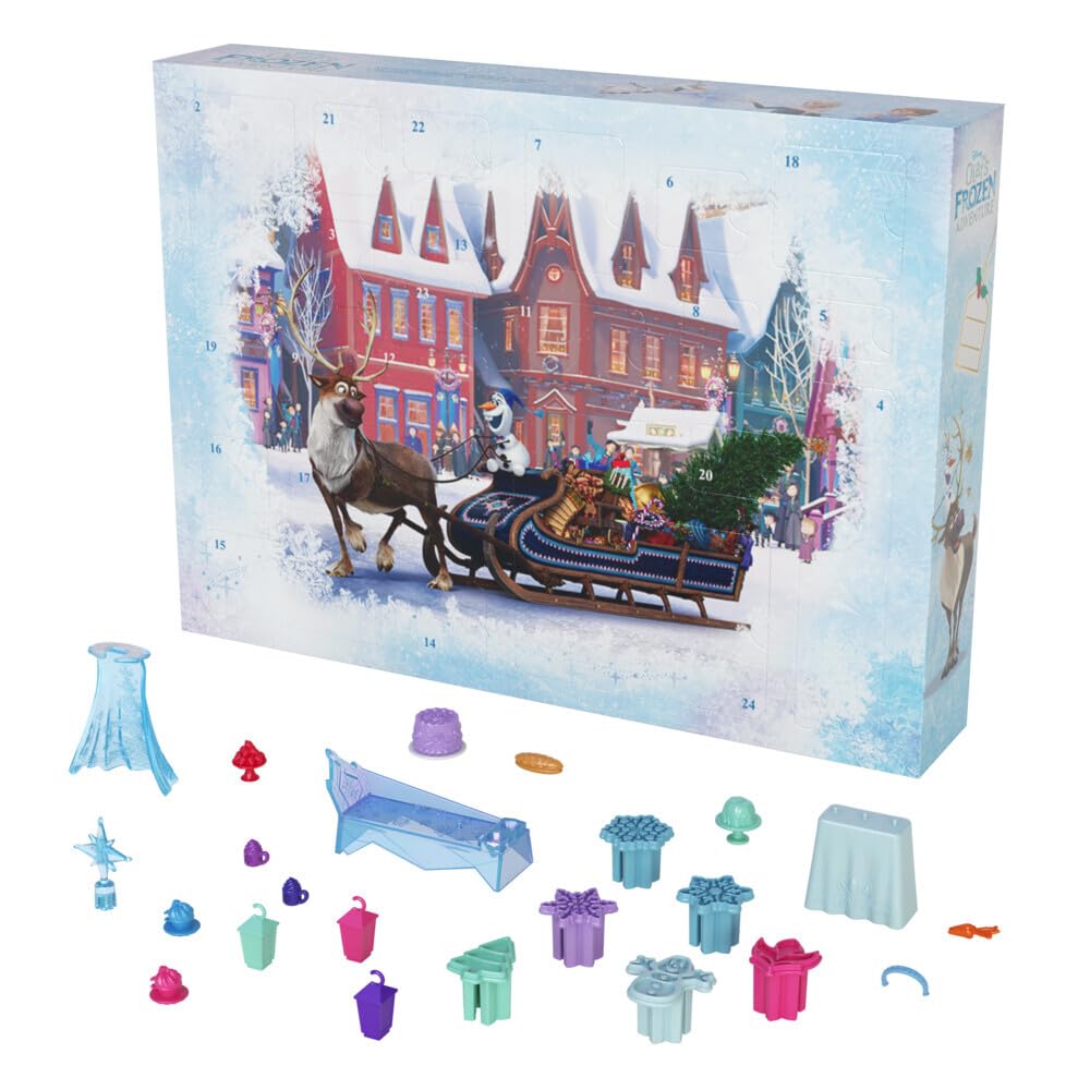 Mattel Disney Frozen Toys, Anna & Elsa Small Doll Advent Calendar with 2 Friend Figures, Moldable Sand & 24 Play Pieces, Inspired by Olaf’s Frozen