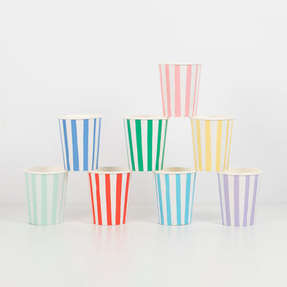 Meri Meri Striped Cups for Parties (Pack of 8), Disposable Paper Cups, Sized for Kids & Adults, Ideal for Hot or Cold Party Drinks, 9oz Capacity