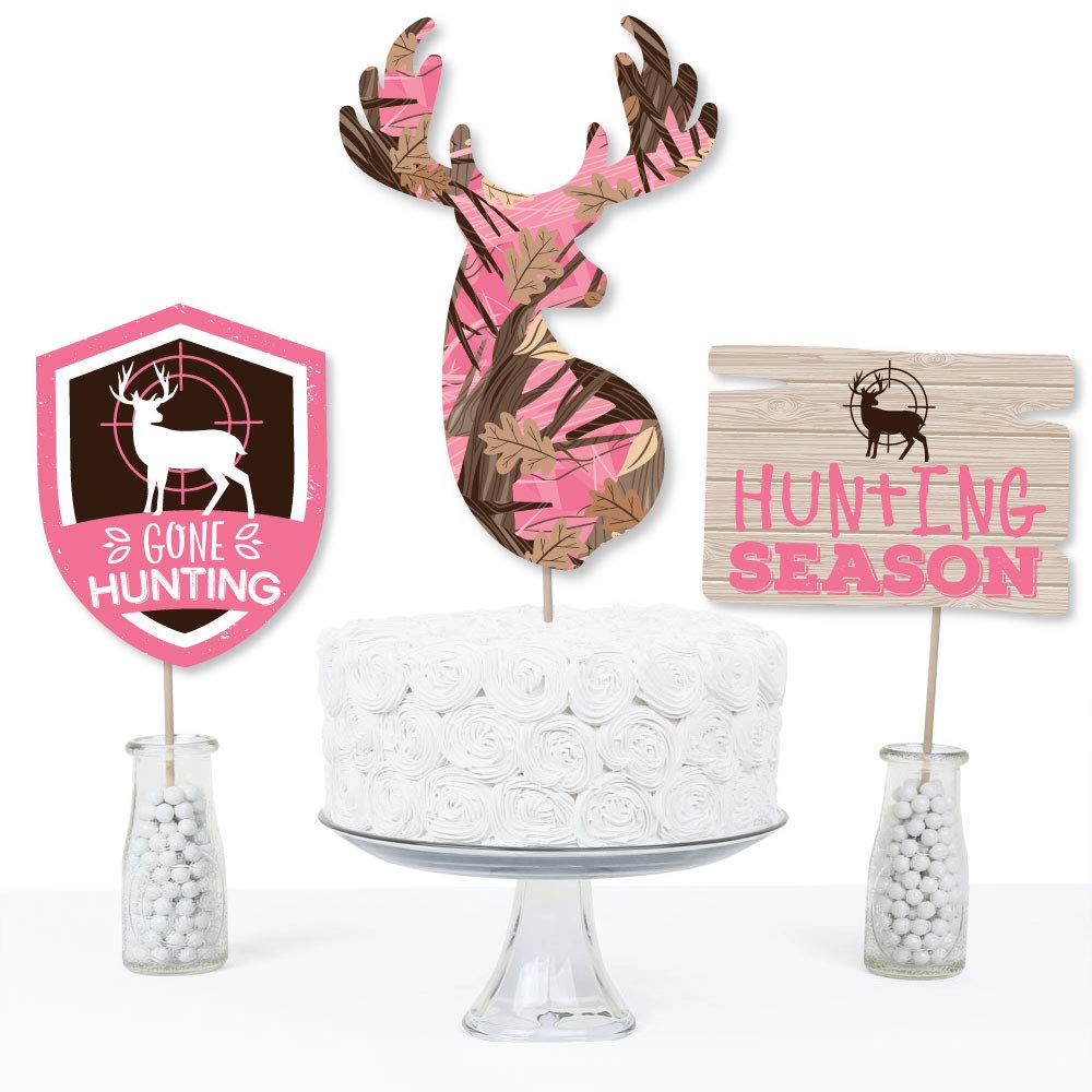Big Dot of Happiness Pink Gone Hunting - Deer Hunting Girl Camo Baby Shower or Birthday Party Centerpiece Sticks - Table Toppers - Set of 15