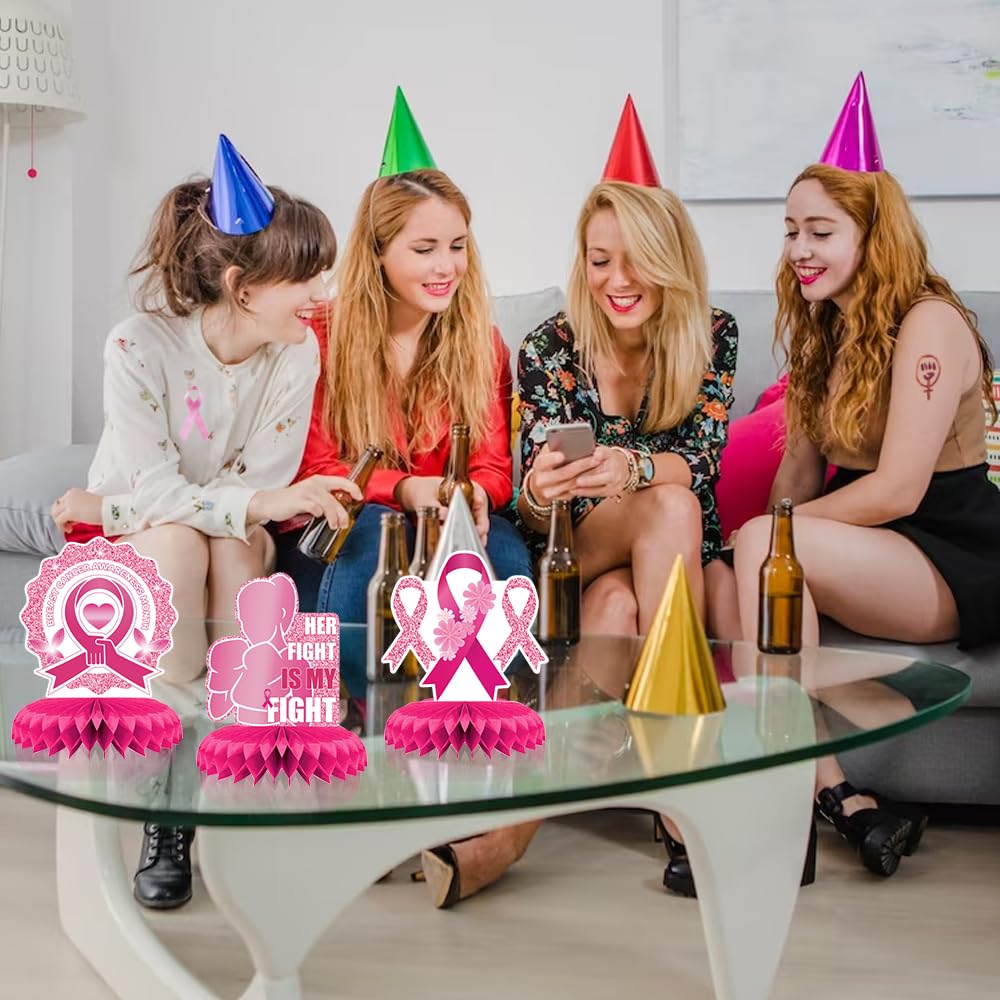Hying 9 PCS Breast Cancer Awareness Honeycomb Table Centerpiece for Home Party, Fight Cancer Theme Pink Ribbon Breast Cancer Table Topper Centerpiece