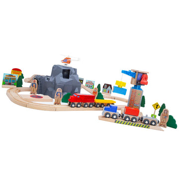 Wooden Train Set Kids Lift & Load Magnetic Crane Helicopter Semi Truck Shipping Containers Diesel Engine STEM Construction Playset Compatible
