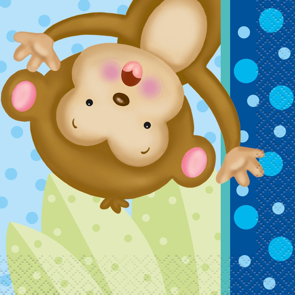 Baby Shower Beverage Paper Napkins - 5" x 5", Boy Monkey, 16 Pcs