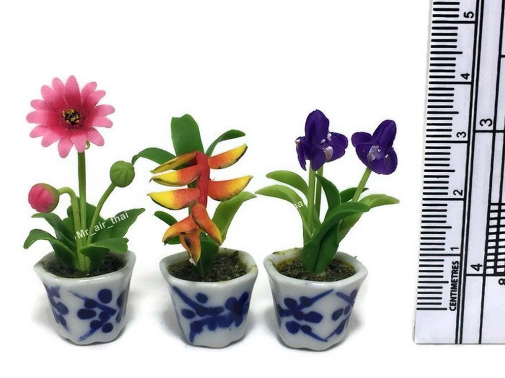 3pc Miniature Flower Clay Dollhouse Fairy Garden Mini Plant Trees Ceramic Paint Furniture Bundles Artificial Flowers Tiny Orchid #088