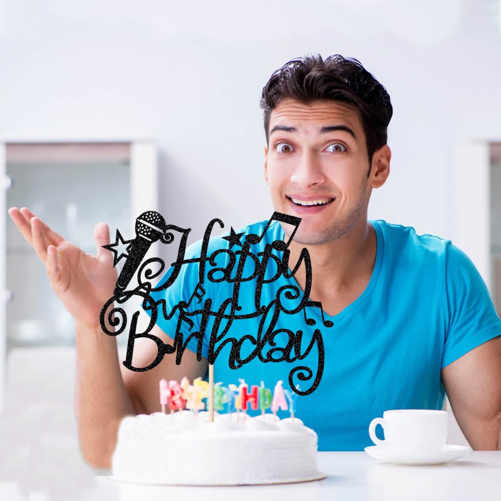 Naicaek Black Glitter Microphone Happy Birthday Cake Topper