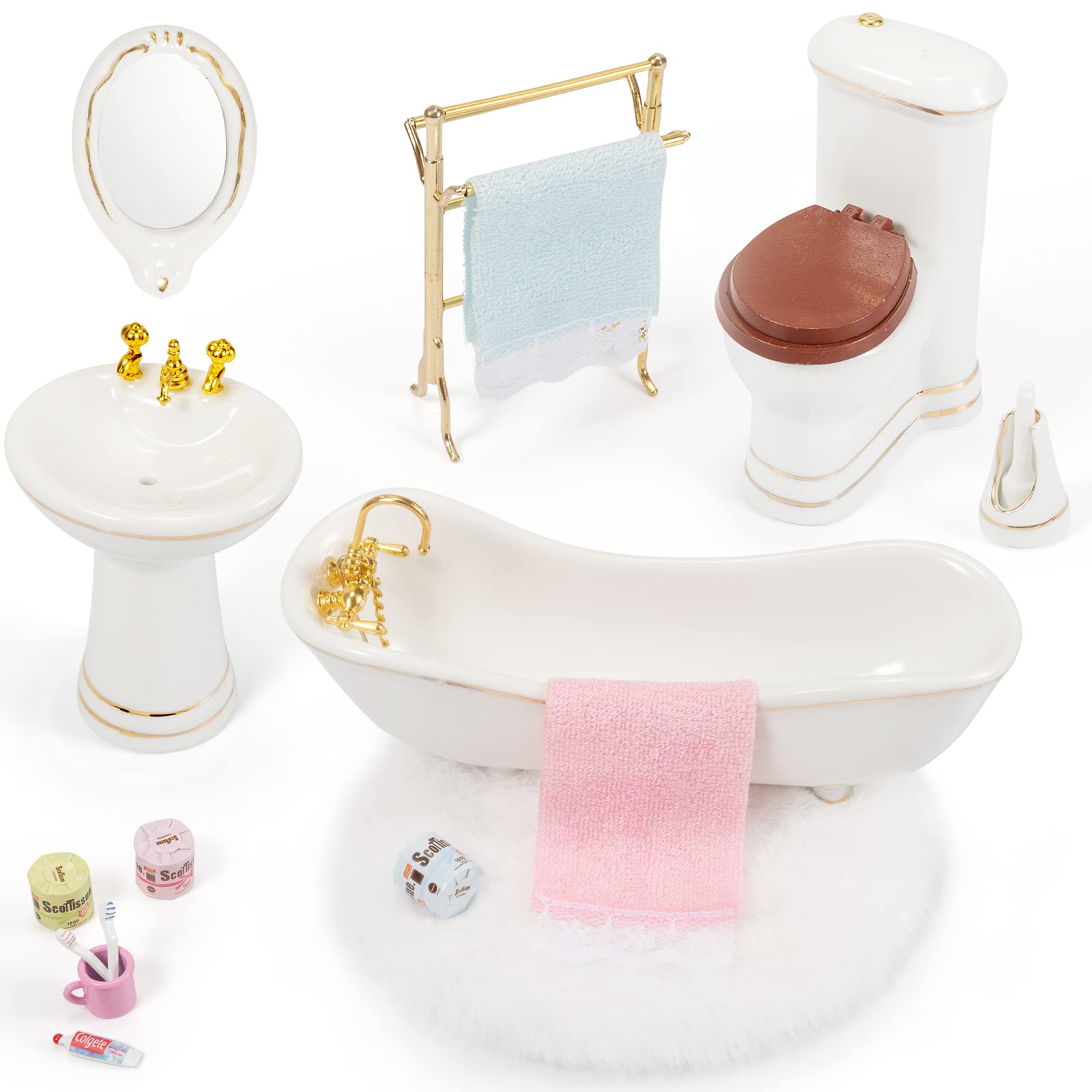 SAMCAMI Ceramic Dollhouse Furniture 1 12 Scale - Doll House Furniture Toys for Dollhouse Bathroom - Miniature Furniture Incl Toilet, Bathtub