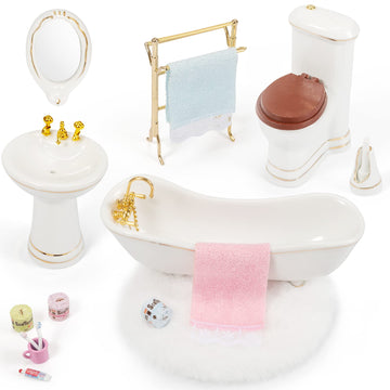 SAMCAMI Ceramic Dollhouse Furniture 1 12 Scale - Doll House Furniture Toys for Dollhouse Bathroom - Miniature Furniture Incl Toilet, Bathtub