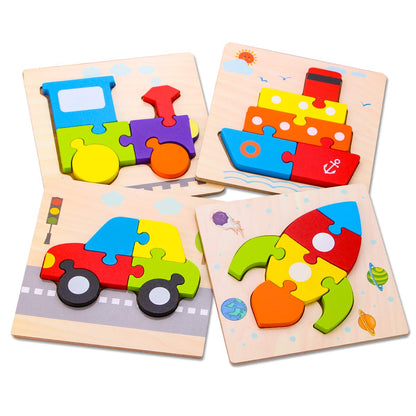 SKYFIELD Wooden Vehicle Toddler Puzzles for 1 2 3 Years Old Boys & Girls, Baby STEM Educational Toy Gift with 4 Vehicles Montessori Learning Puzzles