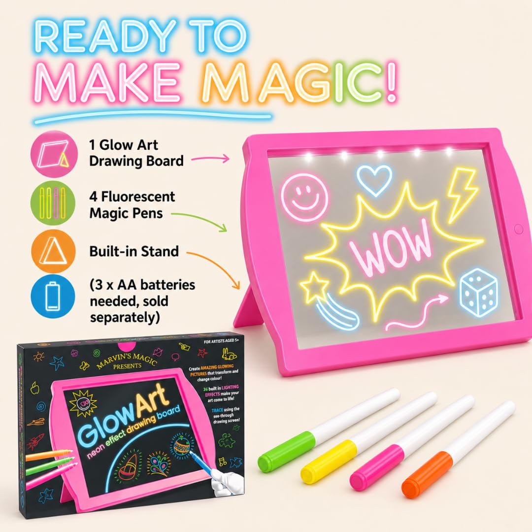 Marvin's Magic Glow Art LED Drawing Board - Pink Kids Doodle Board Age 5+