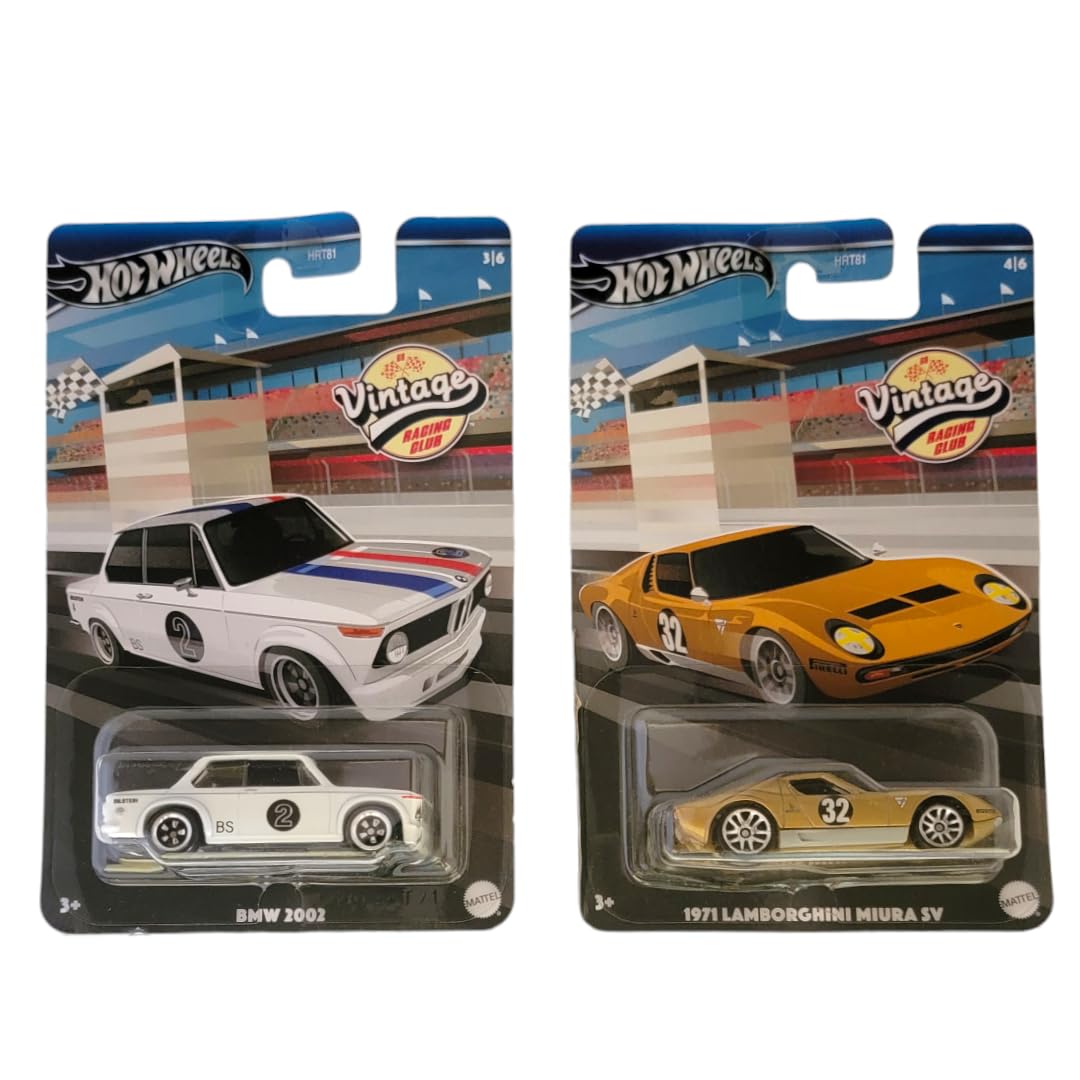 Hot Wheels 2024 Vintage Racing Club - Bundle of 2 (HRT81?956A) | BMW 2002 & Lamborghini Miura SV | 1:64 Die?Cast Collector Cars - Ages 3+