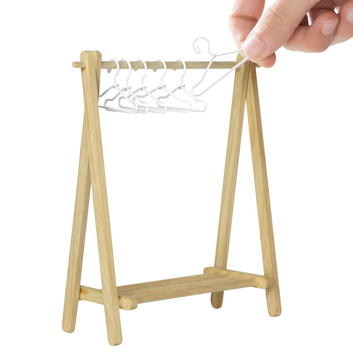 ILAND 1/12 Scale Accessories Dollhouse Miniature Rack w/ 6 Mini Hangers, Plant Hanger for Living Room, Bathroom, Bedroom (1 Foldable Rack w/ 6 Mini