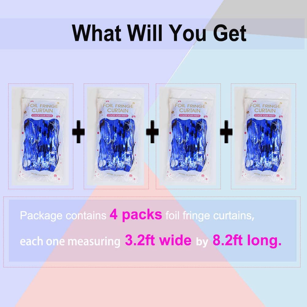 Blue Foil Fringe Curtain- 4 Pack of 3.2x8.2ft Blue Streamers Backdrop Curtains for Party Decorations