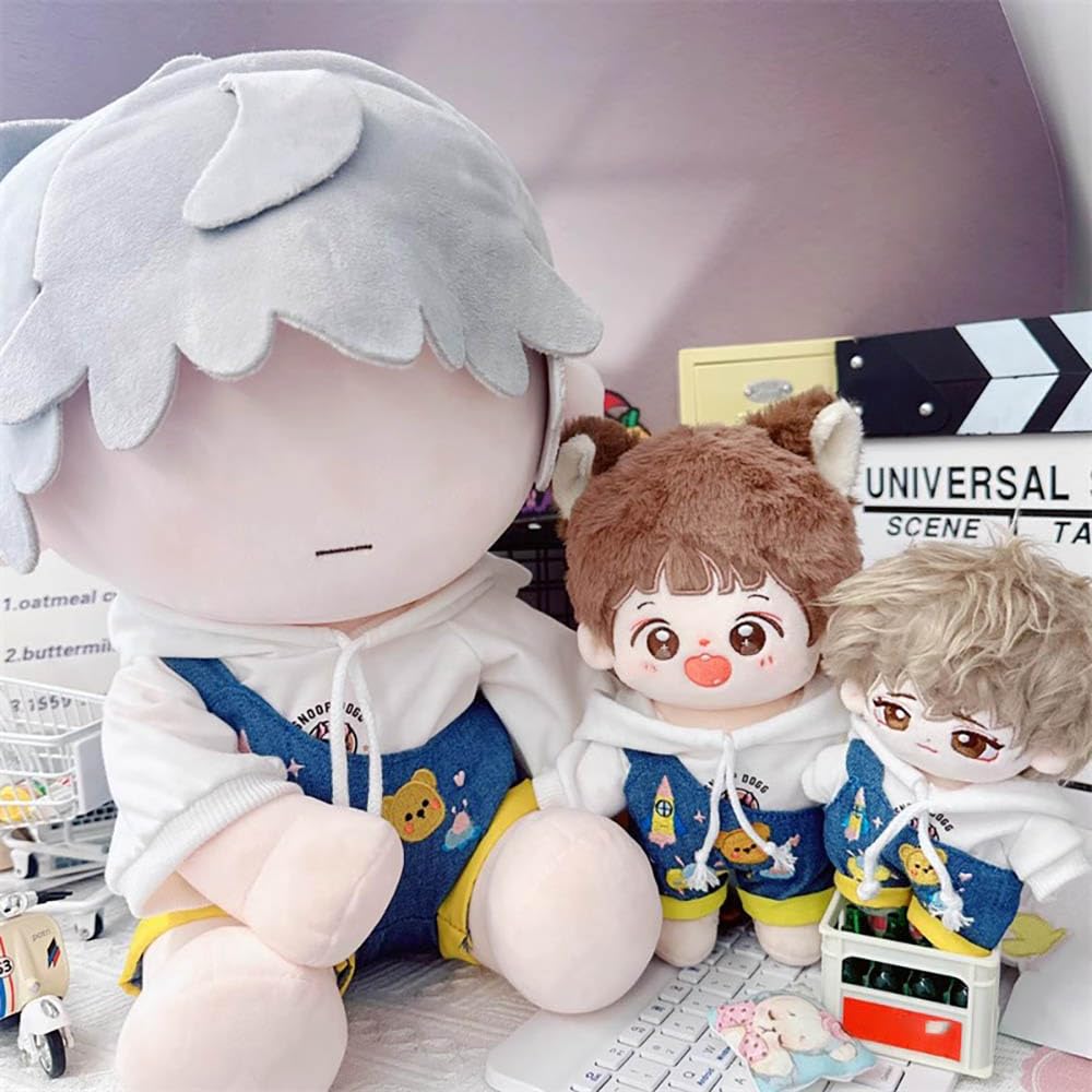 niannyyhouse White Hoodie One Shoulder Denim Strap Pants 10cm~15cm 20cm 40cm Plush Doll Outfit Dolls Dress Up Accessories (White 10cm~15cm)