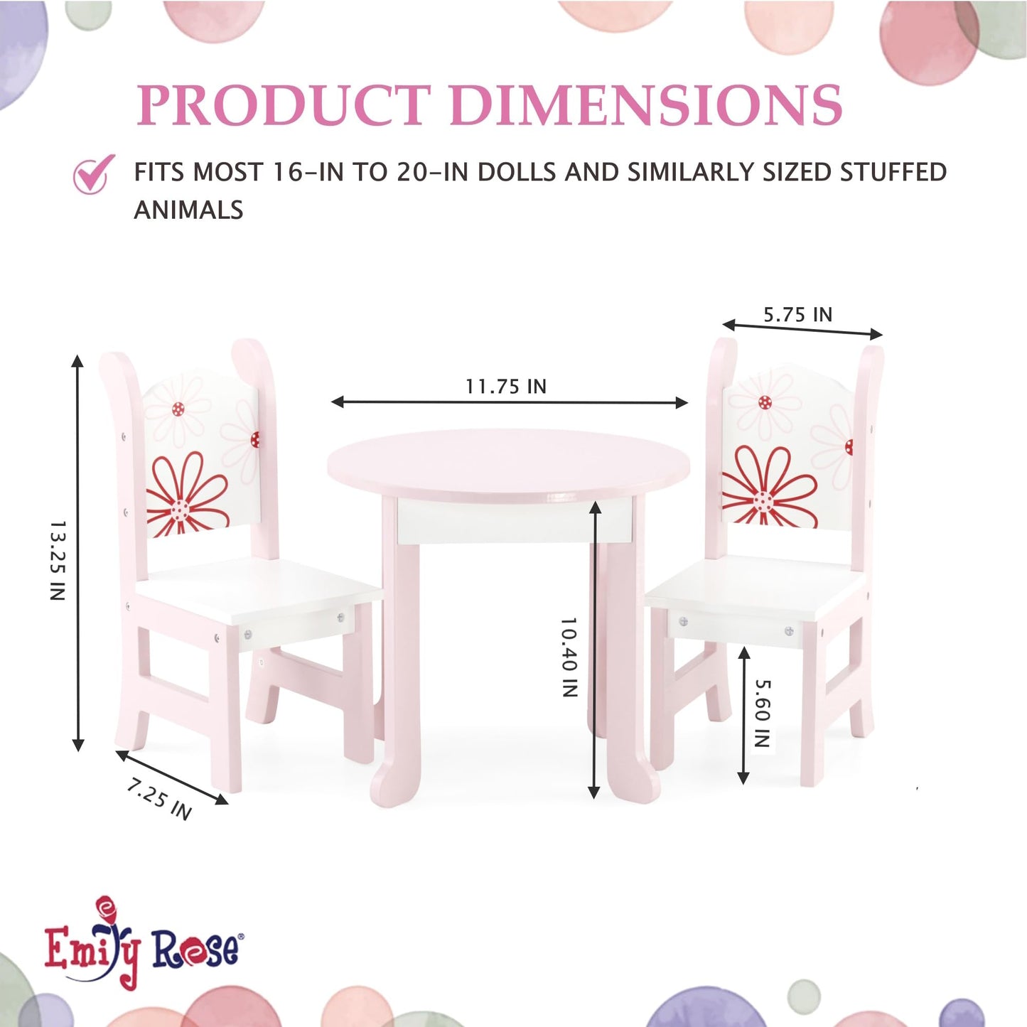 Emily Rose 18 Inch Doll Dining Table and 2 Chairs Set - Floral Collection