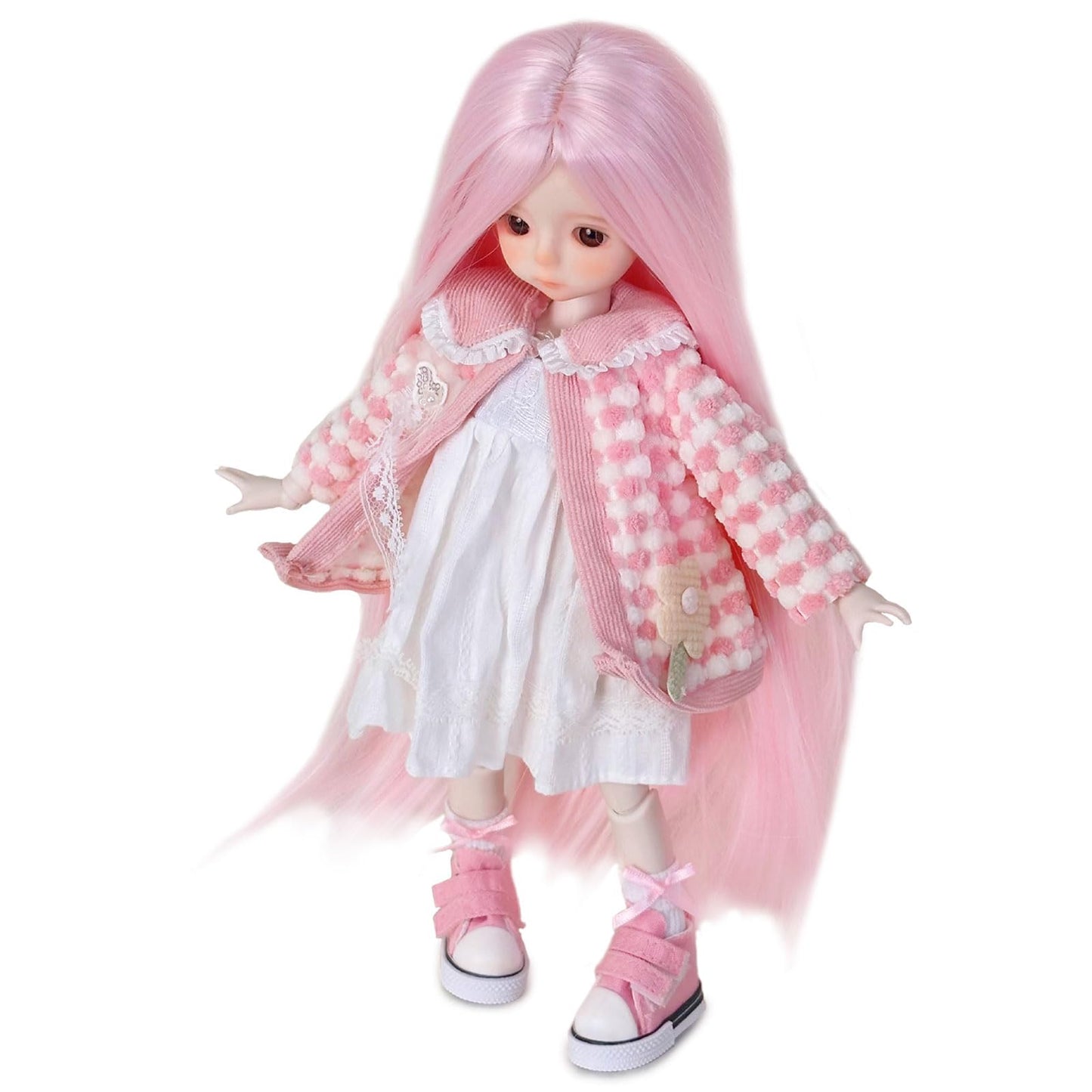 KEYCHARM LINARA 1/6 BJD Doll 12" Ball Jointed Doll with Pink Fluffy Coat, White Dress & Canvas Shoes - Cute Makeup, Vertical Pink Wig - Collectible