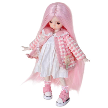 KEYCHARM LINARA 1/6 BJD Doll 12" Ball Jointed Doll with Pink Fluffy Coat, White Dress & Canvas Shoes - Cute Makeup, Vertical Pink Wig - Collectible