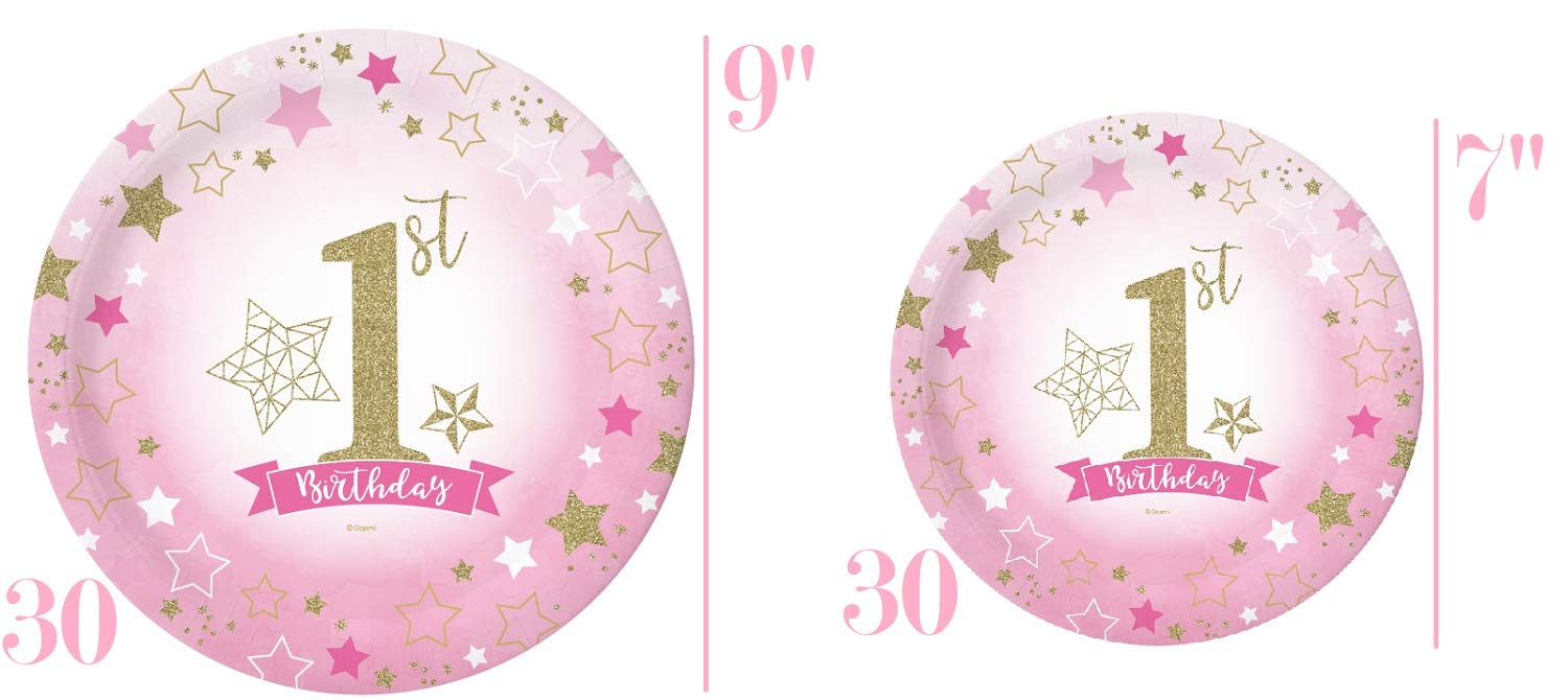 Oojami 1st Birthday Party Supplies for Girls - Serves 30, Plates, Cups, Napkins, Table Cover, Balloons, Banner, One Letter Balloon - First Birthday