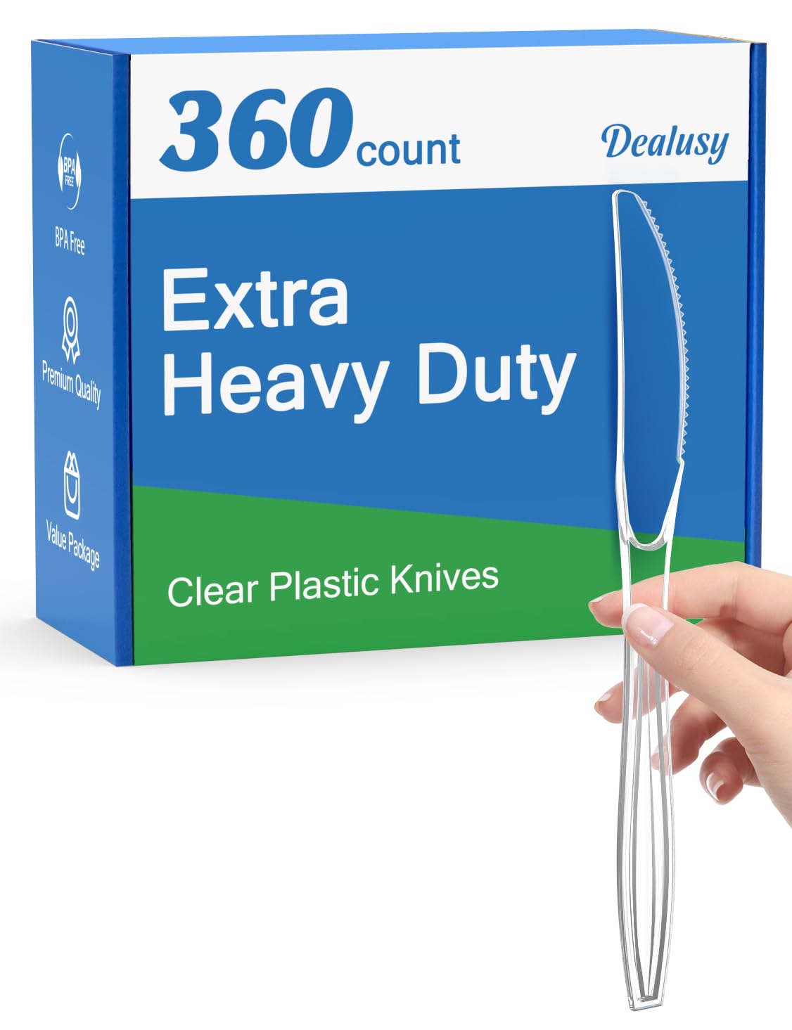 Dealusy 360 Count Extra Heavy Duty Clear Plastic Knives Disposable, BPA-Free, Heat Resistant, Solid and Durable Disposable Knives Bulk, Premium