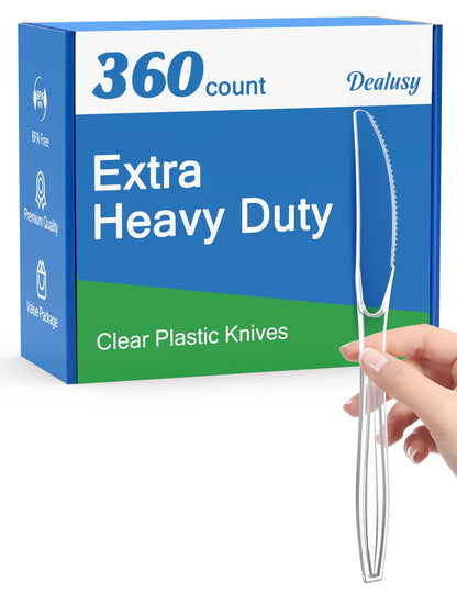 Dealusy 360 Count Extra Heavy Duty Clear Plastic Knives Disposable, BPA-Free, Heat Resistant, Solid and Durable Disposable Knives Bulk, Premium