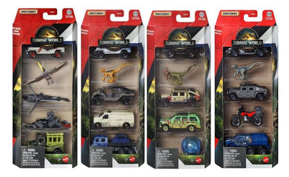 Jurassic World Matchbox Dinosaur Vehicle Collection, Die-Cast Cars and Figures 5 Packs, Bundle of 4, 20 Vehicles, JGL60-956B