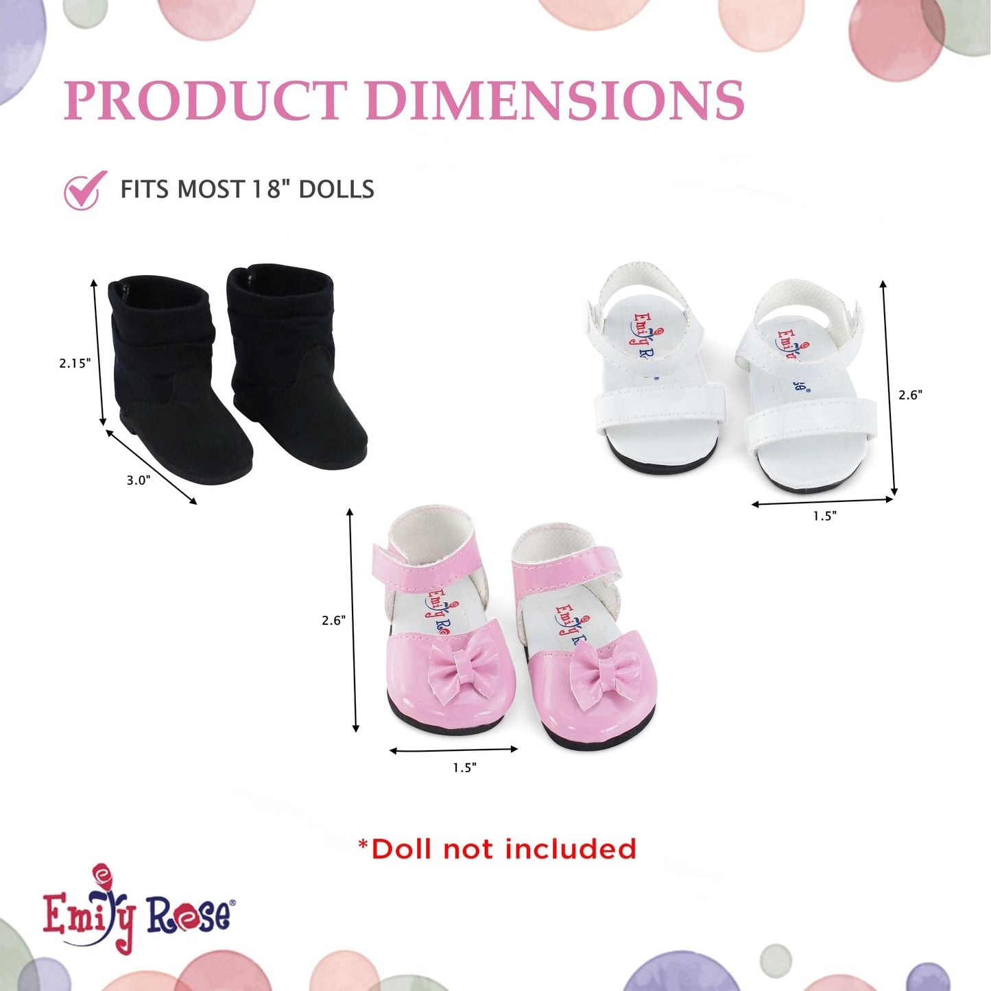 Emily Rose Doll Clothes - 3 Pack 18-Inch Doll Shoes Value Gift Set: Pink Shoes, White Sandals and Black Boots | Accessories Compatible with 18"