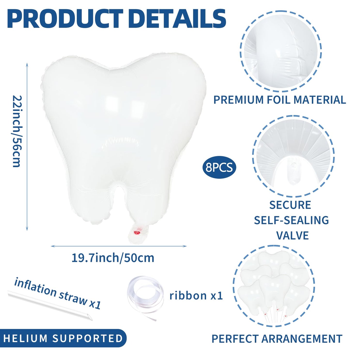 8 Pieces White Tooth Foil Balloons Decorations, 22 Inches Mylar Dental Balloons for Graduation, Tooth Fairy Parties, Dentist Office Decor, Kids First