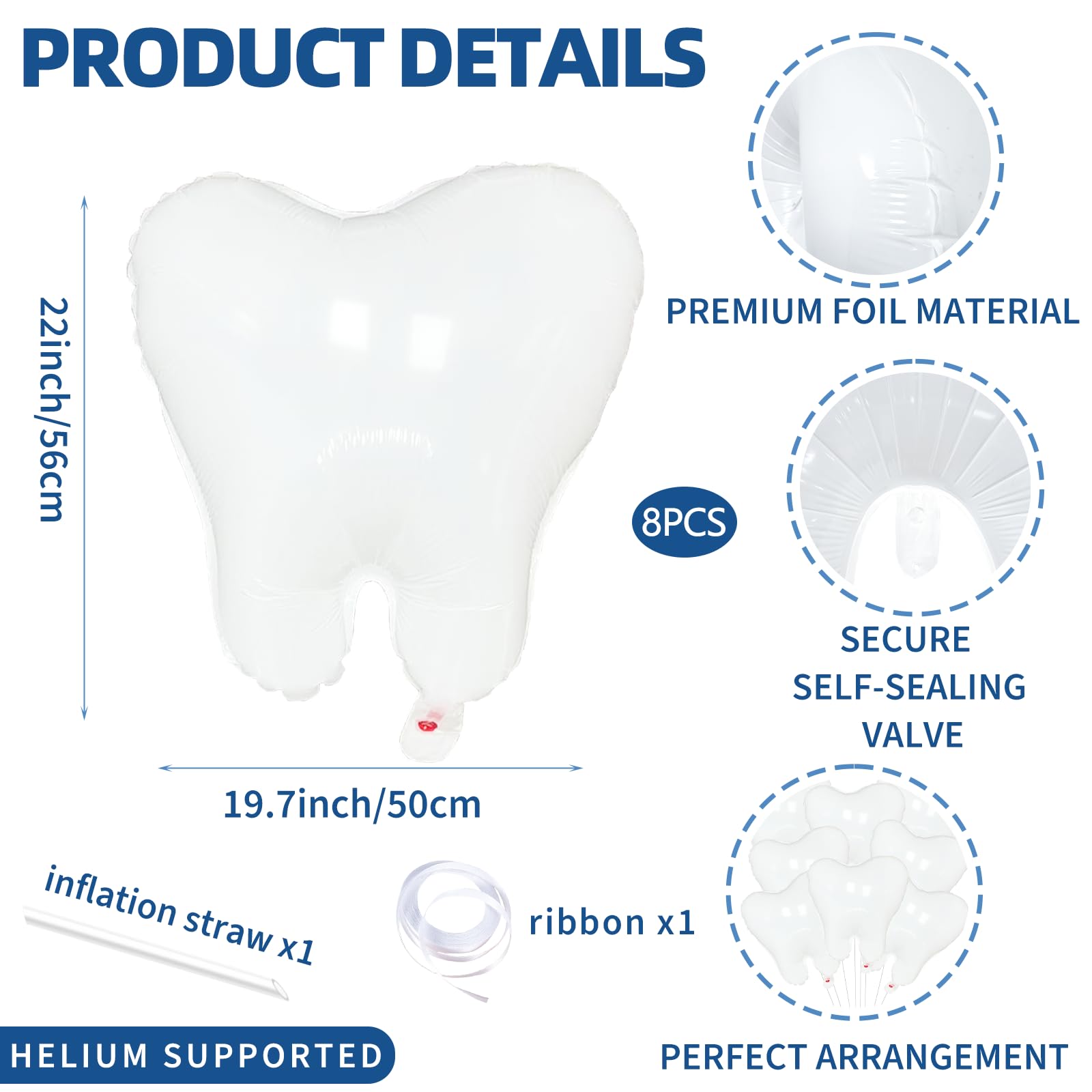 8 Pieces White Tooth Foil Balloons Decorations, 22 Inches Mylar Dental Balloons for Graduation, Tooth Fairy Parties, Dentist Office Decor, Kids First