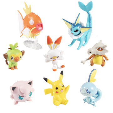 Pokemon Battle Ready! Battle Figure Set, 8 Pieces - with 2 & 3 inch Figures Pikachu, Scorebunny, Grookey, Sobble, Jigglypuff, Cubone, Vaporean &