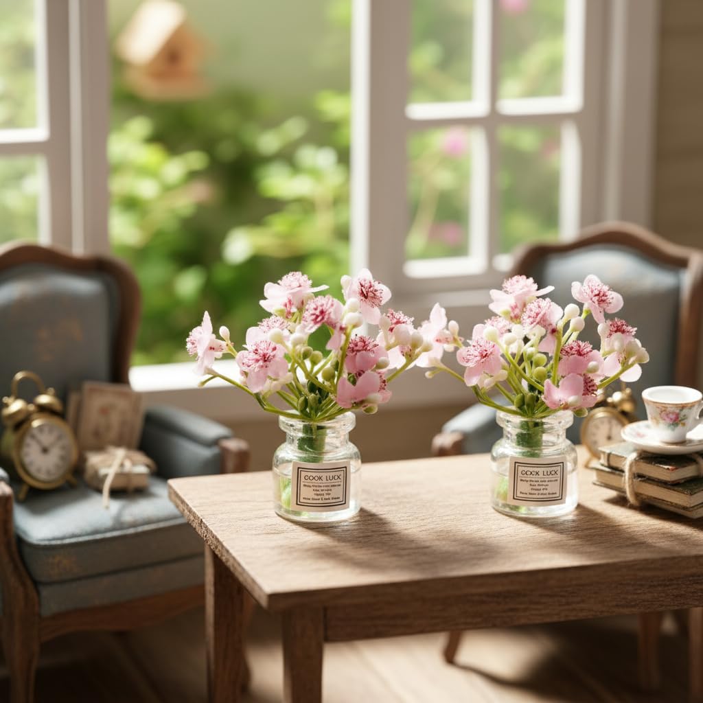 2Pcs Miniature Flowers in Vase Set - 1:6 Scale Dollhouse Décor with Realistic Details, Tiny Floral Arrangements for Micro Landscape, Train Platform