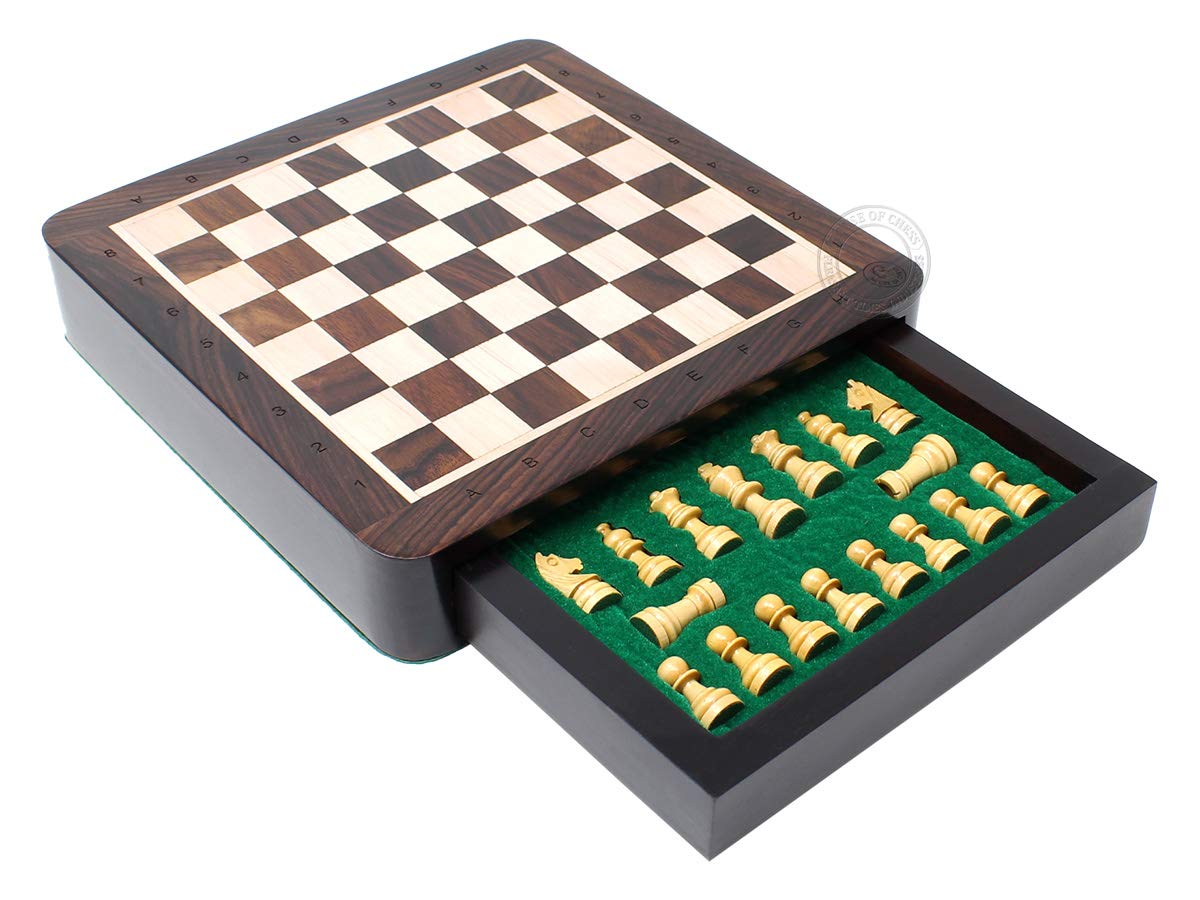House of Chess - 7.5 Inch Wooden Magnetic Travel Chess Set with Storage Drawer & Algebraic Notation - 2 Extra Queens - Handmade