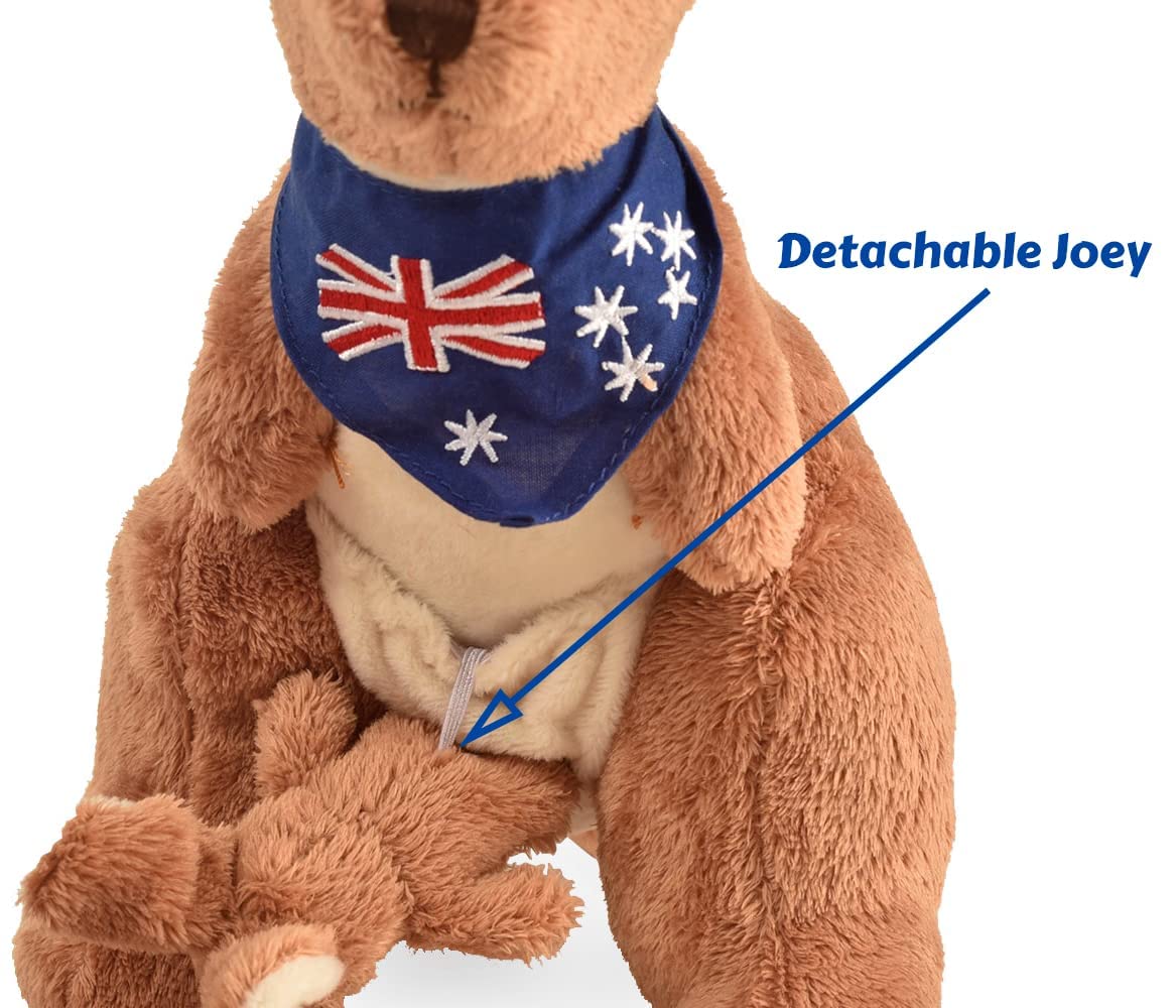BOHS Plush Kangaroo with Australia Scarf and Removable Joey - Cuddly Soft Stuffed Mom and Baby Animals Toy- 11 Inches