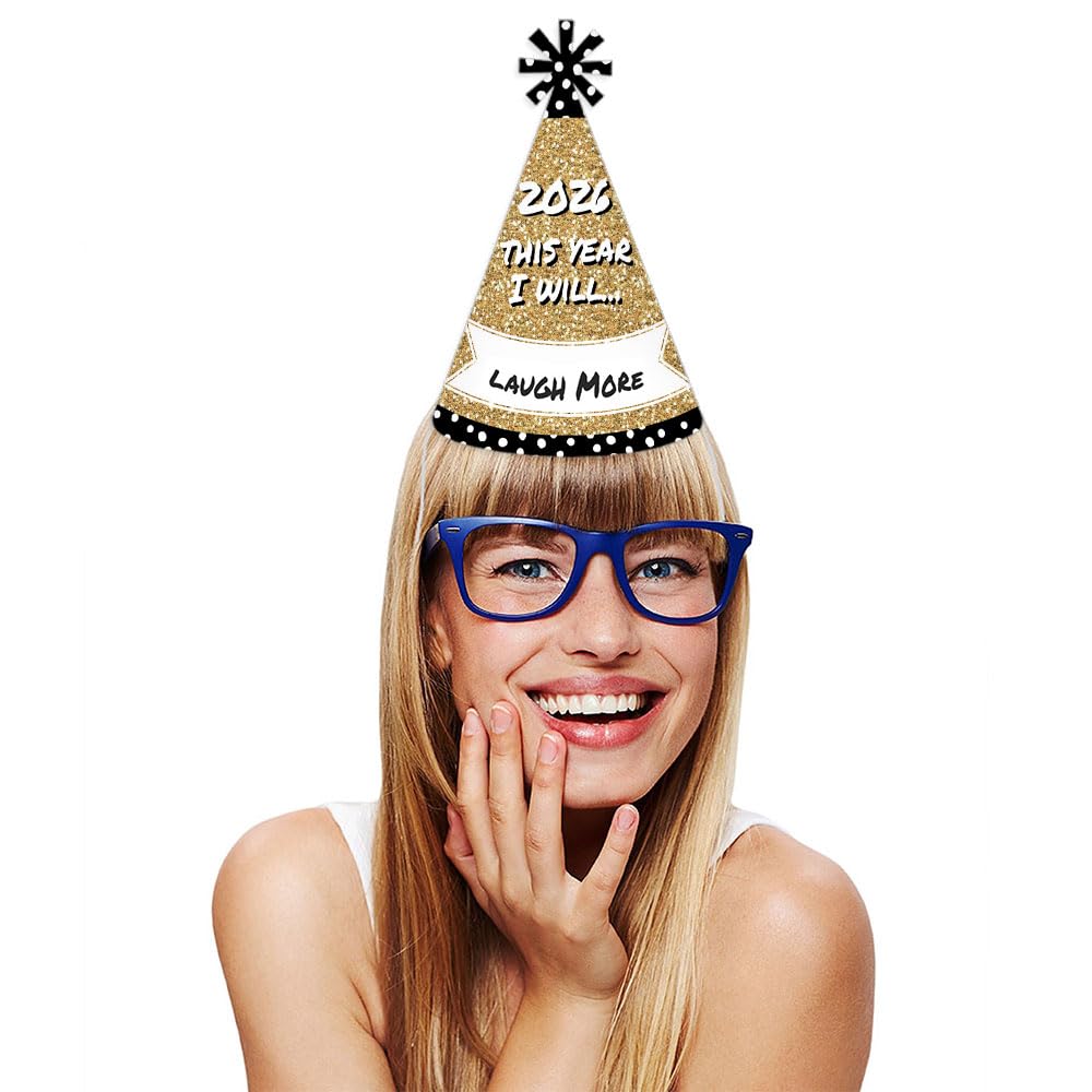 Big Dot of Happiness Pop, Fizz, Clink! - Cone Party Hats - 2026 New Year's Eve Resolution Cone Party Hat for Kids and Adults - Set of 8 (Standard