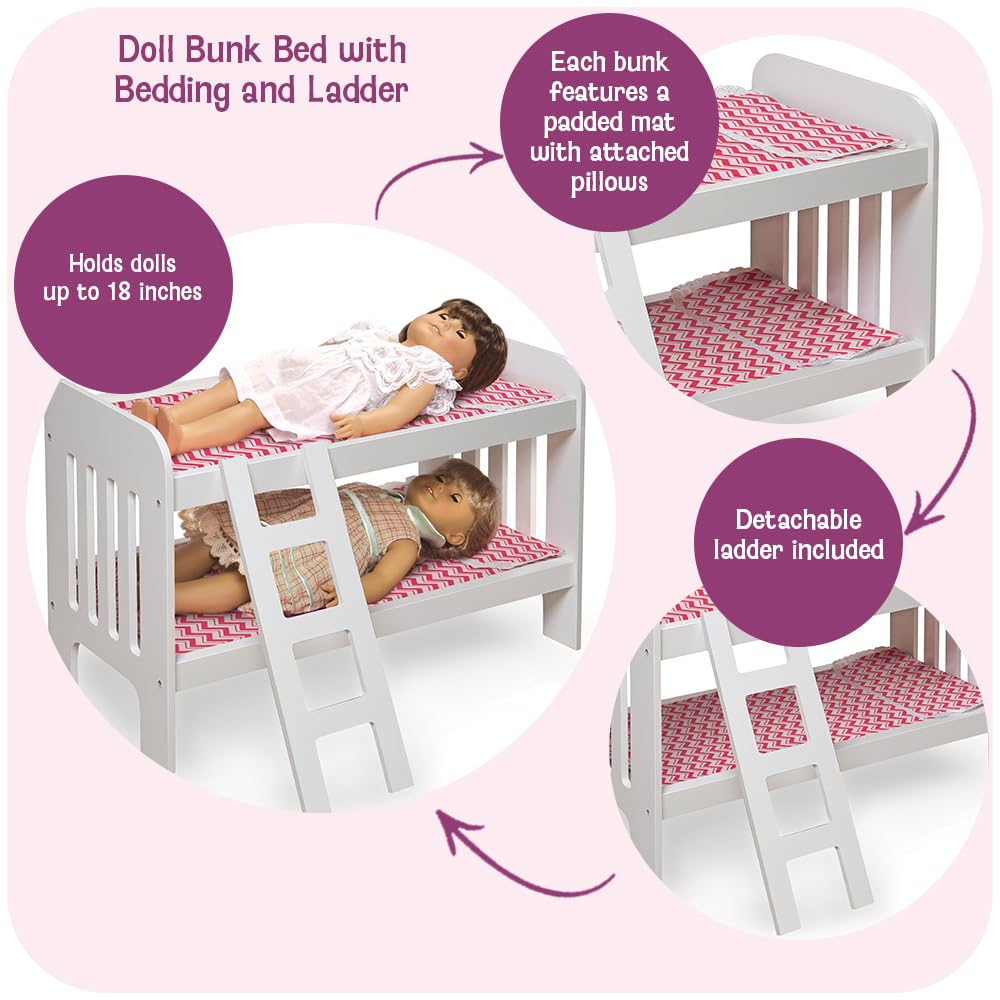 Badger Basket Chevron Doll Bunk Bed with Bedding, Ladder, and Padded Mats - Ideal for Dolls Up to 20 Inches in White and Pink
