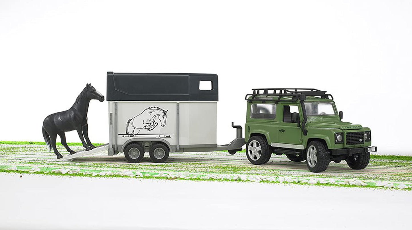 Bruder 02592 Land Rover Defender with Horse Trailer & Horse, 1:16 Scale