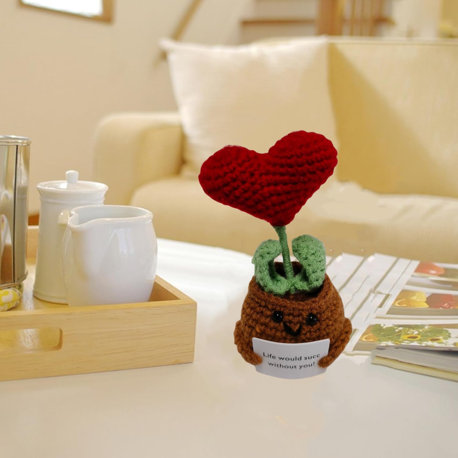 BFYCHYC Handmade Emotional Funny Love Heart Potted Plants Gift, Creative Cute Wool Love Heart Doll with Positive Card, Crochet Gifts, Office and Home