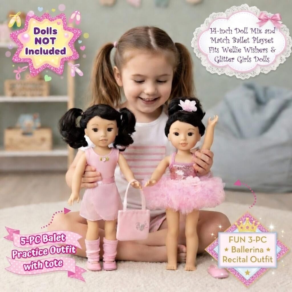 Emily Rose 14 Inch Fashion Doll Clothes 9-PC Ballet Essentials Bundle with Ballerina Practice Outfit & Sparkly Dance Recital Tutu | Halloween Costume