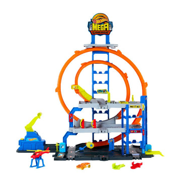Hot Wheels Mega Loop Garage Track Set with Toy Car & Helicopter