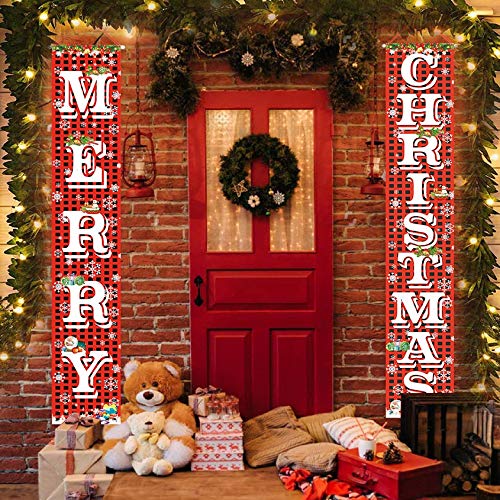 FECEDY Merry Christmas Hanging Banner Porch Sign with Pattern Christmas Tree Presents Snow Banner for Home Yard Indoor Outdoor Wall Door Christmas