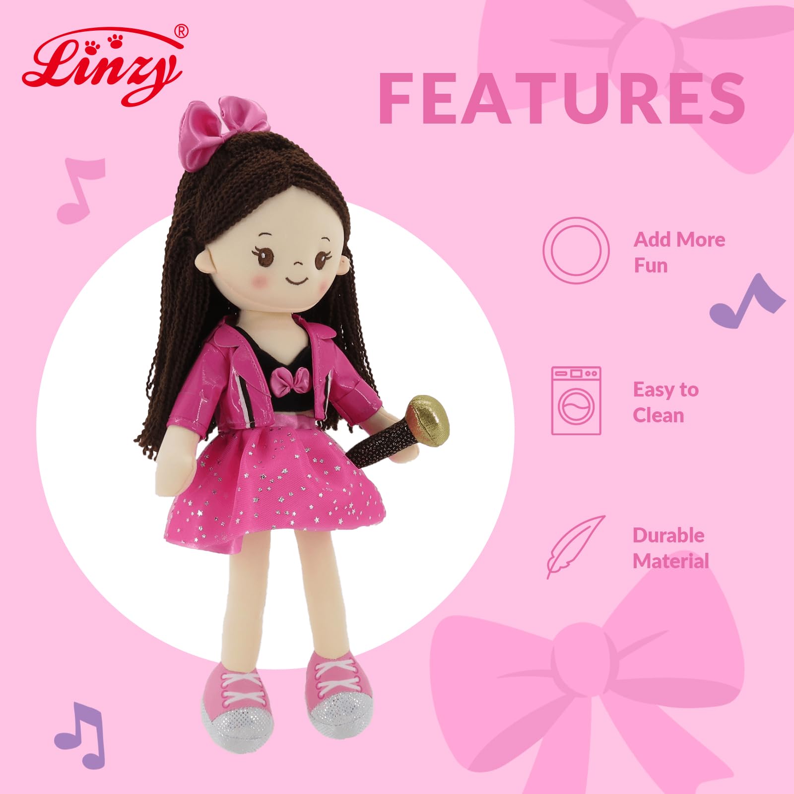 Linzy 15" Superstar Pinky Rag Doll, Soft Plush Baby Doll for Girls