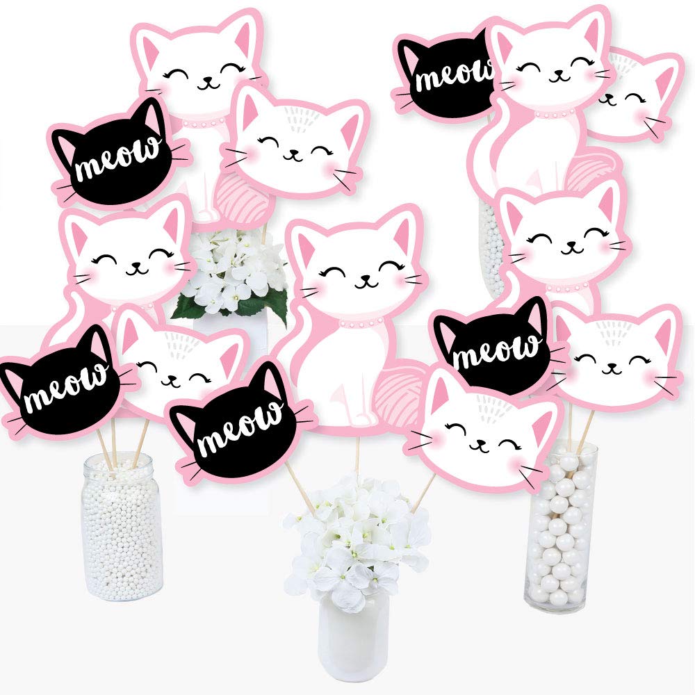 Big Dot of Happiness Purr-fect Kitty Cat - Kitten Meow Baby Shower or Birthday Party Centerpiece Sticks - Table Toppers - Set of 15