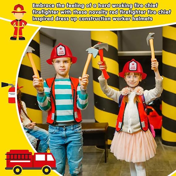 Erinnmy 24 Pcs Kids Firefighter Hat, Plastic Fireman Helmet, Red