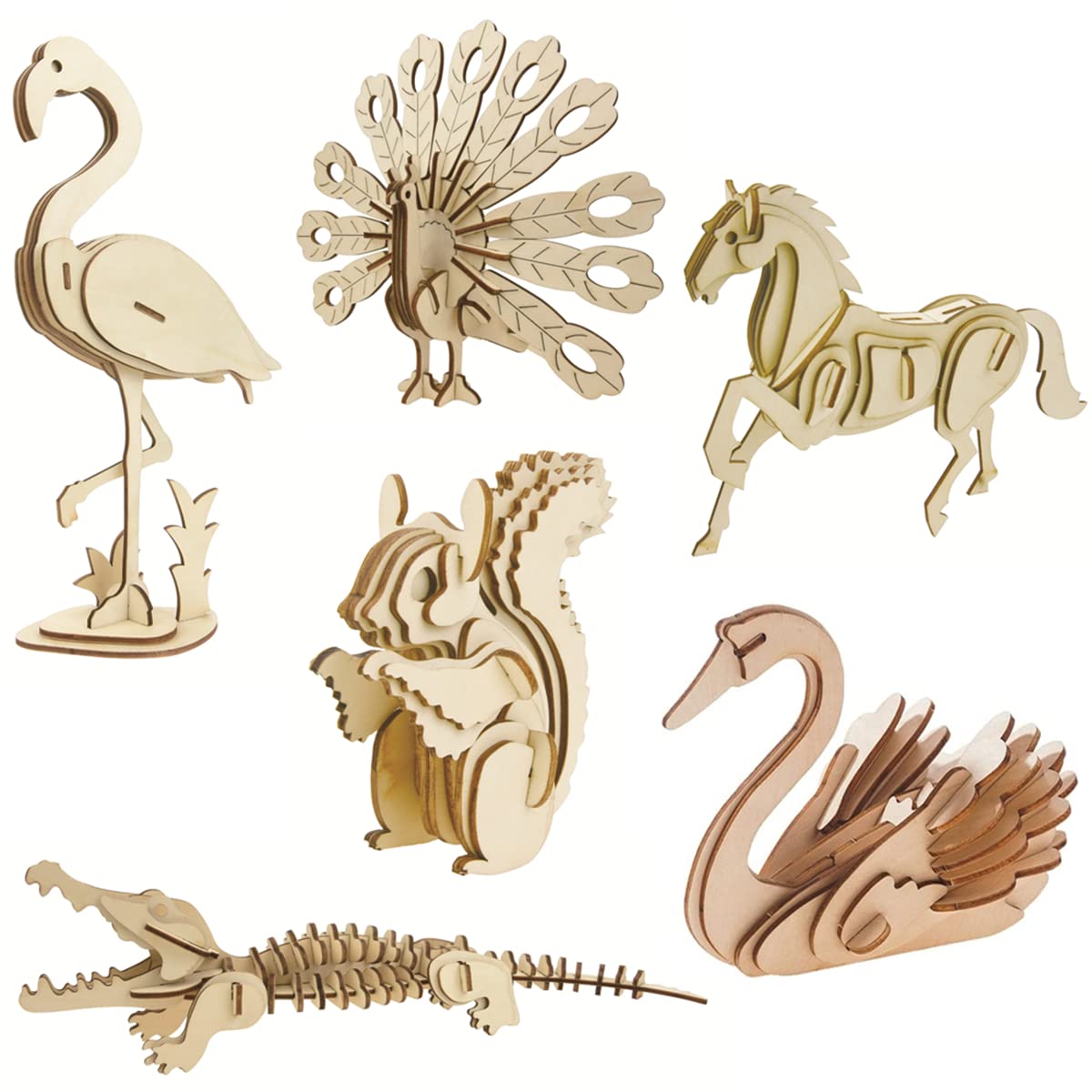 3D Wooden Wild Animal Puzzle - 6 Piece Set Wood Wild Animals Skeleton Assembly Model Kits - Wooden Crafts DIY Brain Teaser Puzzle - STEM 3D Puzzle