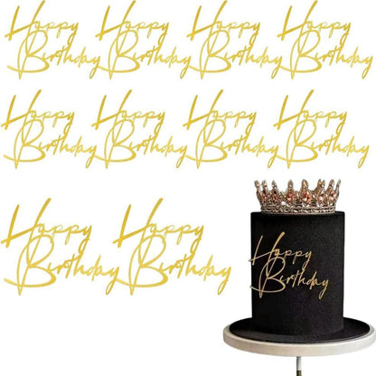 10pcs Side Happy Birthday Cake Topper Gold Acrylic Birthday Cupcake Topper for Kids Birthday Party Cake Decorations (A)